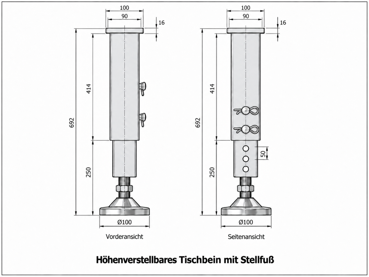 Technische Zeichnung höhenverstellbares Schweisstischbein mit Stellfuss