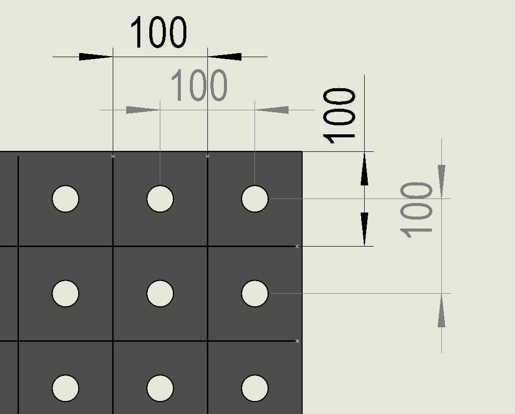 Technische Darstellung des Rasters 100 × 100 mm mit horizontalem und vertikalem Abstand von 100 mm
