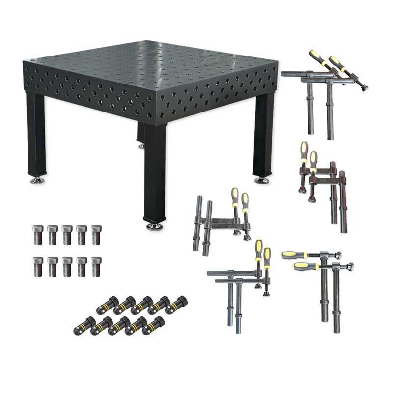 Kaufen Sie den 3D Schweißtisch PROFI Ø28 plasmanitriert (1200×1200×200 mm, 25 mm stark) inkl. 30-teiligem Werkzeugsatz. CNC-gefräst, korrosionsgeschützt, extrem belastbar.