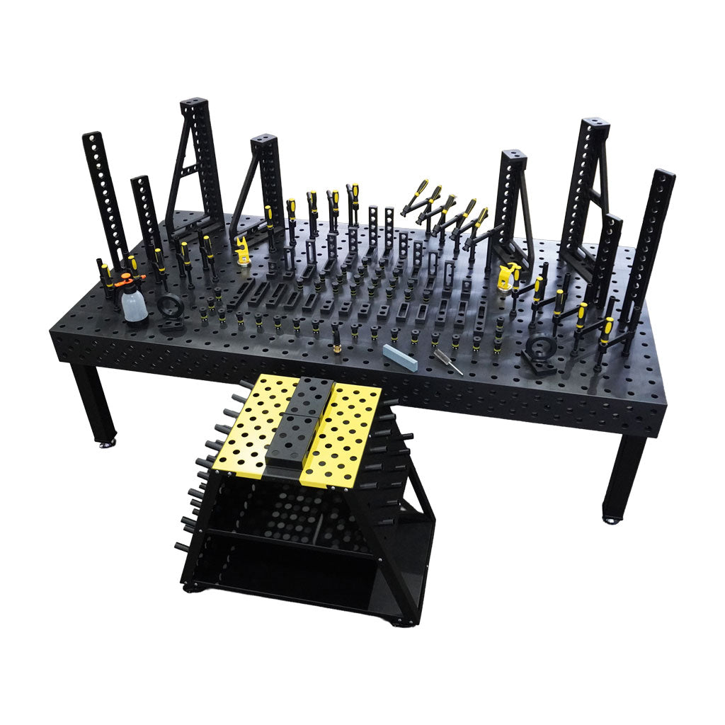 3D Schweißtisch PROFI Ø28 Plasmanitriert
3000 × 1500 × 200 mm | 25 mm

inkl. 102-tlg. PROFI Set D28 × 50 mm &amp; Werkzeugwagen D28