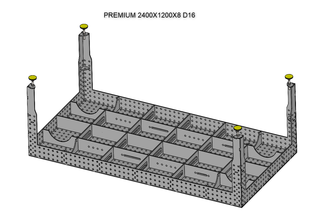 3D Schweißtisch PREMIUM D16 – 2400 × 1200 × 200 mm | 12 mm (6-tlg. Spannwinkel-Set optional)