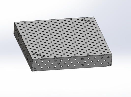 3D Schweisstisch Work-Pro D28 1200 × 1200 × 200 mm mit Diagonalraster 100 × 100 mm in Perspektivansicht