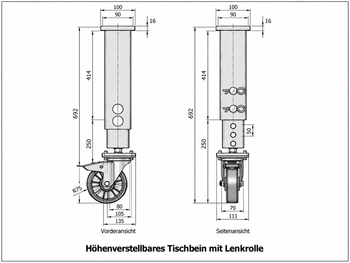Technische Zeichnung höhenverstellbares Schweisstischbein mit Lenkrolle und Adapterplatte