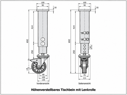 Technische Zeichnung höhenverstellbares Schweisstischbein mit Lenkrolle und Adapterplatte