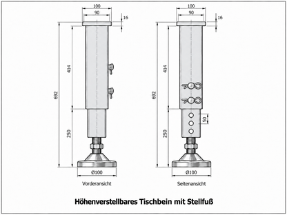 Technische Zeichnung höhenverstellbares Schweisstischbein mit Stellfuss